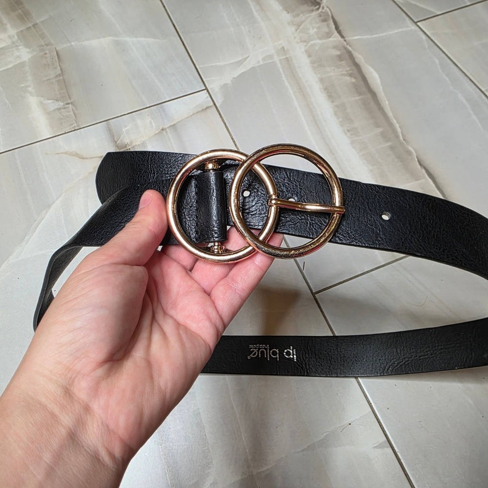 JP Blue Womens Double O-Ring Buckle Belt Black Faux Leather‎ XL JP1849 Gold Tone